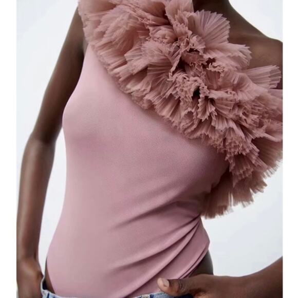 Zara Beige Pink One Shoulder Ruffled Tulle Bodysuit Bloggers Fave Small - Picture 11 of 11